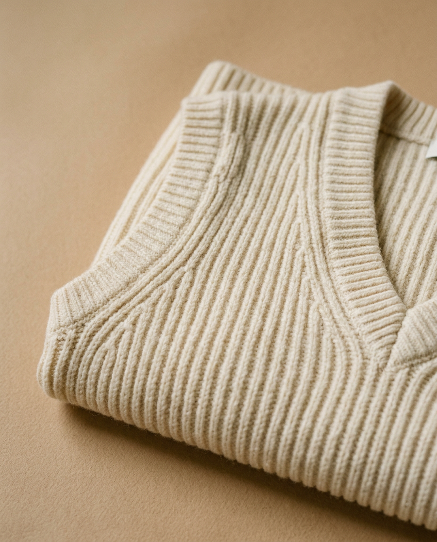 Détail de la maille côtelée du gilet crème, plié