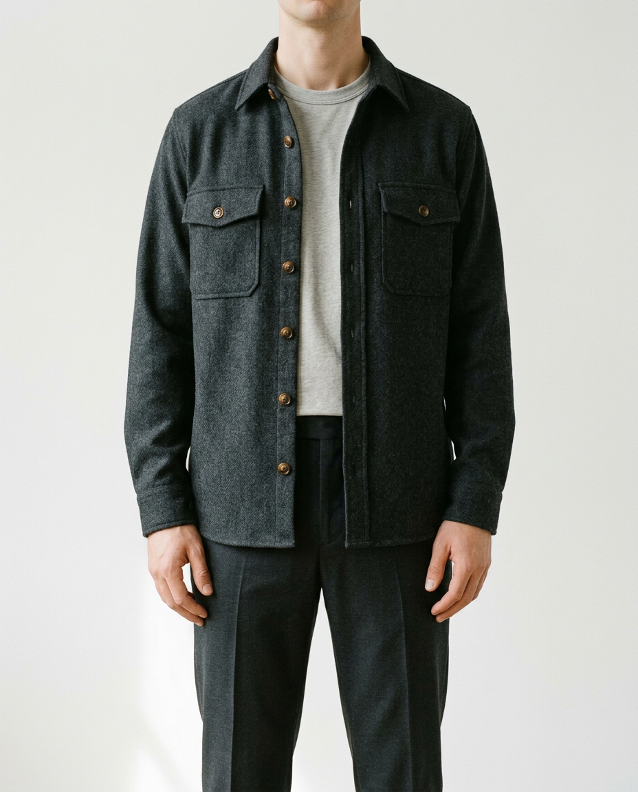 Surchemise en laine anthracite portée ouverte sur un t-shirt gris