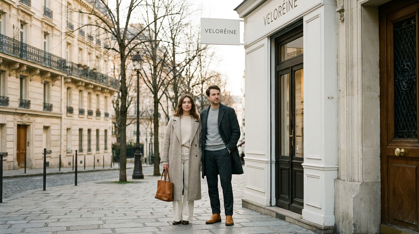 Boutique VEL0REINE sur une rue haussmannienne, deux personnes en manteaux de laine devant la vitrine